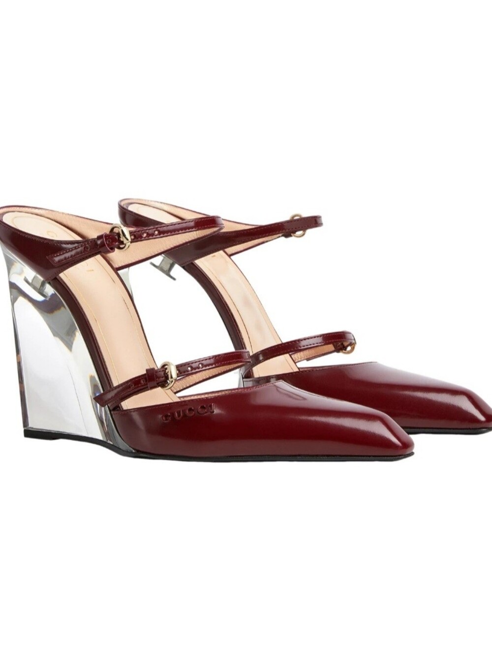 $1,590 GUCCI 110mm Leather Mules Lucite Wedge Burgundy EU 38 US 8 BNIB